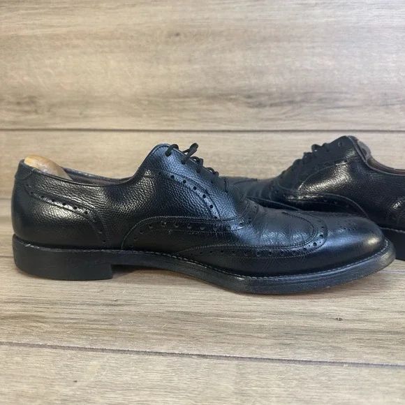 Vintage 70s Allen Edmonds Harwood Wingtip Oxford Black Pebbled Calf Shoes Sz 10A